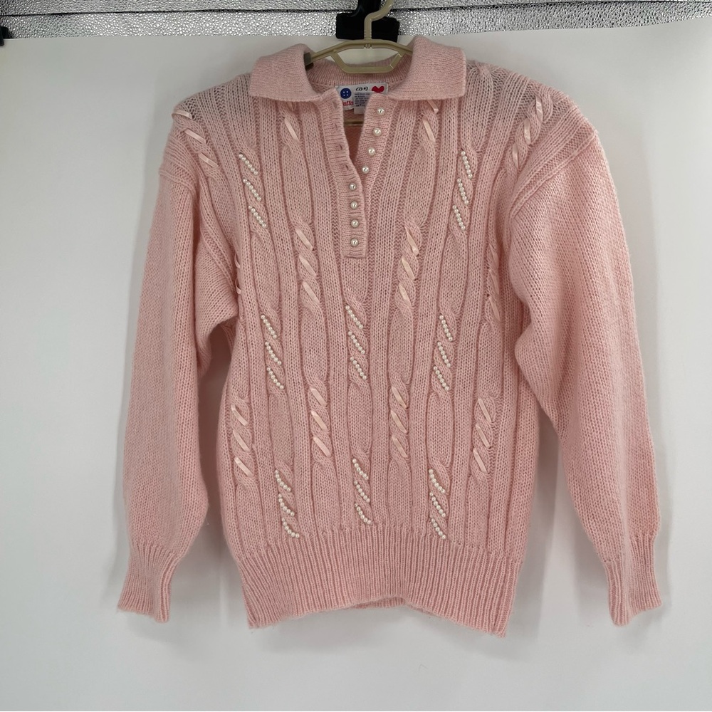 Vintage Buttons & Bows Pink Ribbon and Pearls Sweater